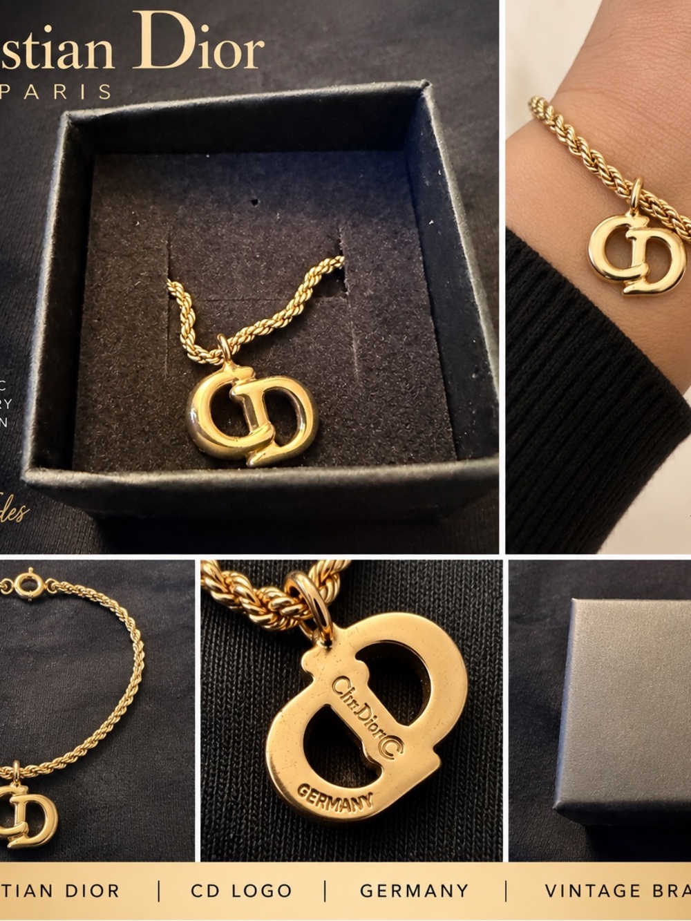 Dior Gold CD Rope Twist Bracelet with Logo Charm